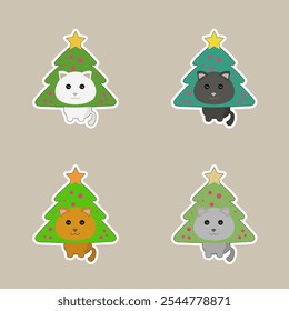 Set Of Four Cute Cartoon Cat In Christmas Tree Funny Costume Stickers Emoji Character Vector Design