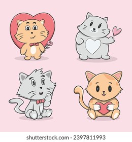 Set von vier süßen Cartoon Katzen mit Herzen, in verschiedenen Posen und Ausdrücken, auf rosafarbenem Hintergrund. Ideal für den Valentinstag oder Liebhaber von Designs.