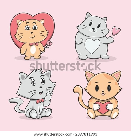 Set of four cute cartoon cats with hearts, in various poses and expressions, on a pink background. Ideal for Valentine's Day or love themed designs.