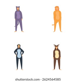 Set of four cute cartoon characters dressed in colorful animalthemed onesies, isolated on white