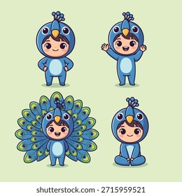 Conjunto de cuatro niños lindos de la historieta en trajes de pavo real adorables, mostrando diferentes poses y expresiones, perfecto para los temas de los niños.