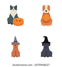 Set of four cute cartoon dogs dressed for halloween with pumpkins and witches hats