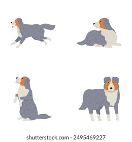 Set of four cute cartoon dogs showcasing different emotions and postures