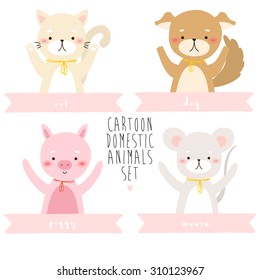 set of four cute cartoon domestic animal characters with ribbon on white background. cute dog, pig, mouse and cat. can be used for greeting cards and party invitations