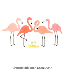 set with four cute cartoon flamingos in simple style on white background