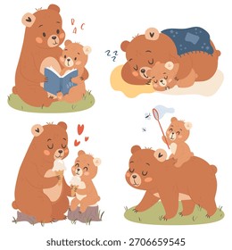 Set von vier niedlichen Cartoon-Illustrationen von Mama Bär mit Kind 