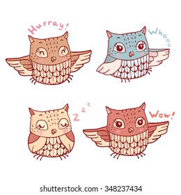 Set of four cute cartoon owls with various emotions. Colored illustration in vector.