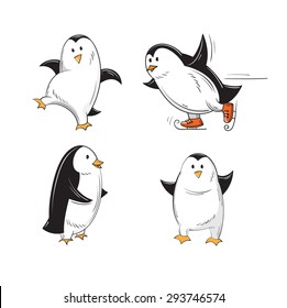 Set with four cute cartoon penguins in different poses, skating.