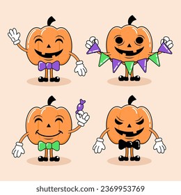 Set of four cute cartoon pumpkin lanterns, Jack O Lantern characters for Halloween holiday decorations, stickers, emoticons. Vector illustration.