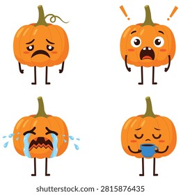Set of four cute cartoon pumpkin characters with crying, scared, and angry expressions, perfect for halloween stickers, autumn themed designs, and playful seasonal illustrations.