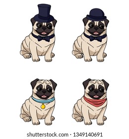 Set of four cute cartoon sitting pugs with different accessories isolated on white background. Vector dog illustration