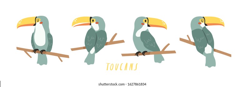 Set of four cute cartoon toucans on white background. Illustration of cute toucan character for children designs, summer party invitations, birthday party and posters. Vector illustration of toucans