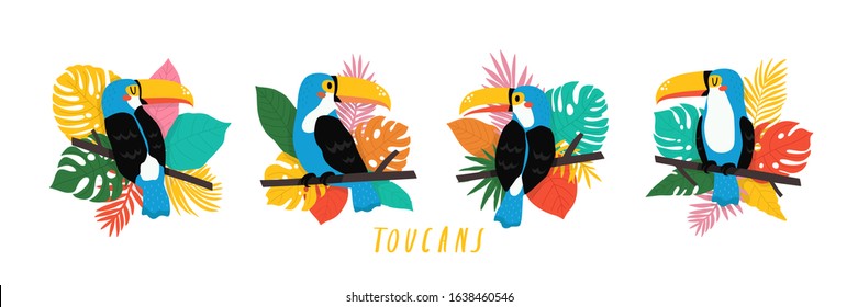 Set of four cute cartoon toucans on white background. Illustration of cute toucan character for children designs, summer party invitations, birthday party and posters. Vector illustration of toucans