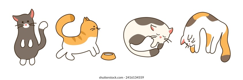 Set of four cute cats. Ginger kitten asks for food. They raised tricolor cat. Spotted animal is sleeping. Black pet is standing. Children style. Color image with outline. Vector illustration