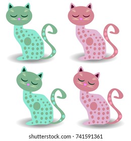 Set of four cute cats in pastel colors with circles