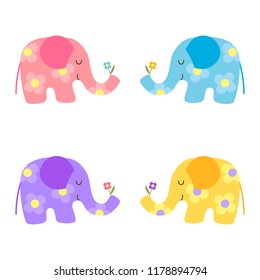 Set of four cute characters cartoon kawaii elephants: pastel blue, yellow, lilac and pink with flower patterns. Baby colors. Isolated on white background. Flat vector illustration