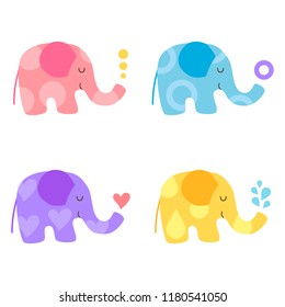 Set of four cute characters cartoon kawaii elephants: pastel blue, yellow, lilac and pink with different patterns. Baby children colors. Isolated on white background. Flat vector illustration