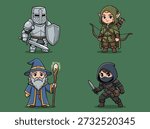 A set of four cute chibi fantasy characters including a knight, an archer, a wizard, and a rogue, presented on a green background.