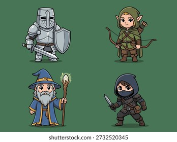 A set of four cute chibi fantasy characters including a knight, an archer, a wizard, and a rogue, presented on a green background.