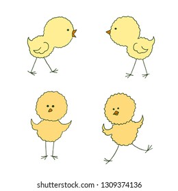 Set of four cute chicks in differet poses on white background. Handdrawn vector illustration.