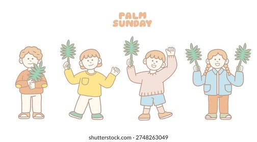 A set of four cute child characters holding palm leaves for Palm Sunday celebration. Designed in a soft pastel style, perfect for Sunday school materials, church event posters, and religious kids' templates.