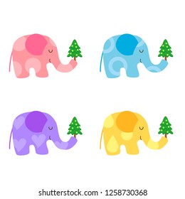 Set of four cute children characters cartoon kawaii elephants: pastel blue yellow lilac pink with different patterns holding Christmas New Year fir trees with lights. Greeting card design elements