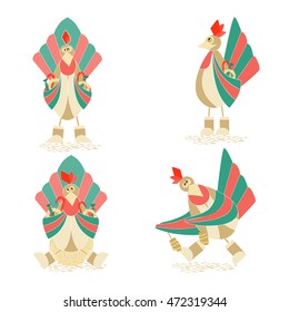 Set with Four Cute Christmas Flat Cockerels with Christmas Sweets. Vector EPS 10