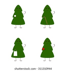 Set of four cute Christmas tree characters holding different things such as ball, star, candy cane, gift bag and waving hands isolated on white background. Funny design elements