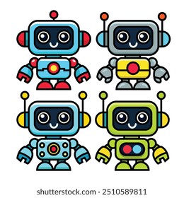 Un conjunto de cuatro personajes lindos y coloridos de dibujos animados robot con diseños únicos. Perfecto para proyectos infantiles, gráficos de temática tecnológica e ilustraciones divertidas