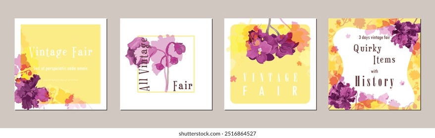 Set of four cute and colorful floral vector illustrations for Mothers Day, Easter, traditional festivals, fairs, etc. Square-shaped posters with hand-drawn African violets.