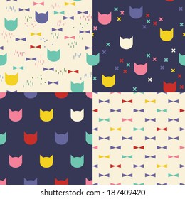 Set of four cute colorful patterns. Cats and bow ties. Kid's elements for scrap-booking. 