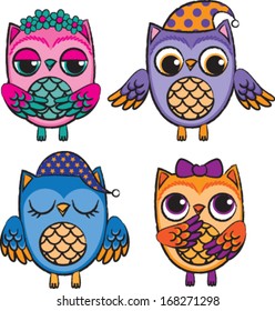 Set of four cute colorful vector owls drawn with scratchy lines