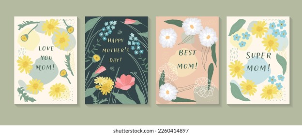 Set of four cute and colorful vector illustrations with lettering for mothers day.