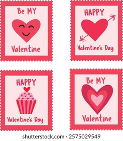 Set of four cute Valentine’s Day Vector stamps featuring heart with arrow and cupcake. For Greeting cards, postcards, stickers, and prints 