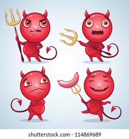 set of four cute devils making faces and posing