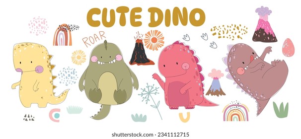 Set of four cute dino in pastel colors, plants, volcano, rainbows, spots. Colorful stickers, vector illustration.Doodle	
