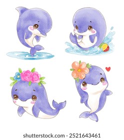 Set of four cute dolphins in various poses with watercolor.
