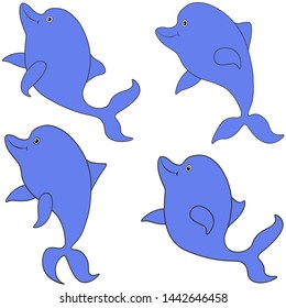 Set of four cute dolphins. Vector illustration of baby design.