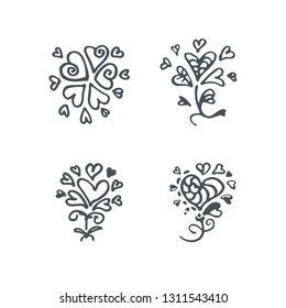 Set of four cute drawn abstract symbols consisting of hearts. Hand draw graphic vector templates.
