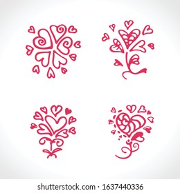 Set of four cute drawn abstract symbols consisting of hearts. Hand draw graphic vector templates.
