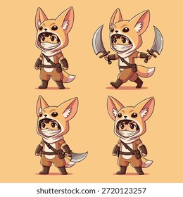 Un conjunto de cuatro lindos personajes de guerrero zorro de esgrima en diferentes poses, con un traje de zorro de esgrima y armas.