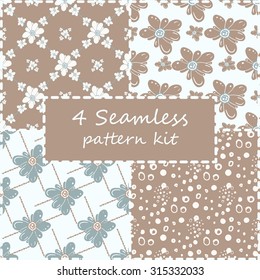 Set of four cute floral seamless patterns. Vector collection of simple textures with herbal elements and circles for design of cards, wrapping paper, tissue, etc