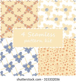Set of four cute floral seamless patterns. Vector collection of simple textures with herbal elements and circles for design of cards, wrapping paper, tissue, etc