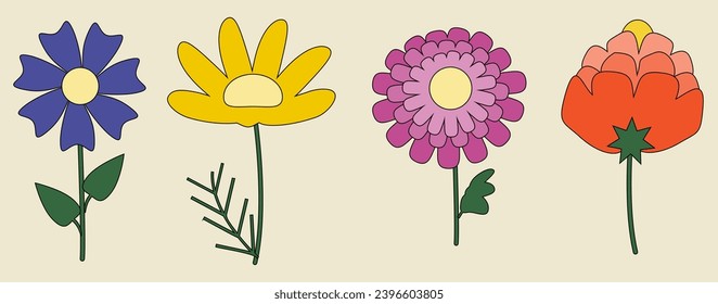 A set of four cute flowers with leaves. Vector illustration for children's postcard, cover, wallpaper design