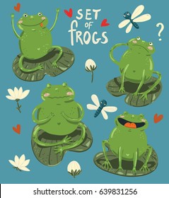 Set of four cute frogs hand-draw in cartoon style with waterlily, hearts and dragonflies on blue background.  Vector children illustration.