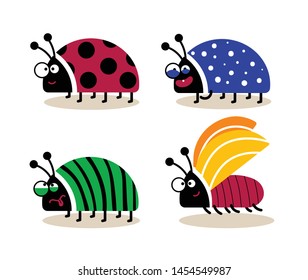 Set of four cute funny bugs. Cartoon insects with different emotions. Flat vector on white background