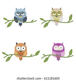 Set of four cute and funny cartoon vector owls sitting on the branches with green leaves, isolated on white background.