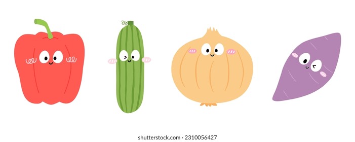 Set of Four Cute Funny Vegetables, bell pepper, cucumber, onion, sweet potato Cartoon Characters isolated on white background