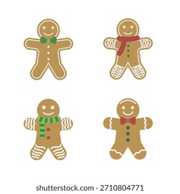 Set of Four Cute Gingerbread Men with Holiday Accessories Vector Illustration. Cartoon Christmas Cookie Characters Collection. Xmas Dessert and Festive Icon Pack.