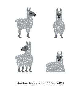 set of four cute hand drawn lamas isolated on white